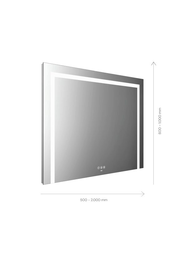 emco LED illuminated mirror MI 220+, with three light cut-outs at top, right and left, and touch control panel