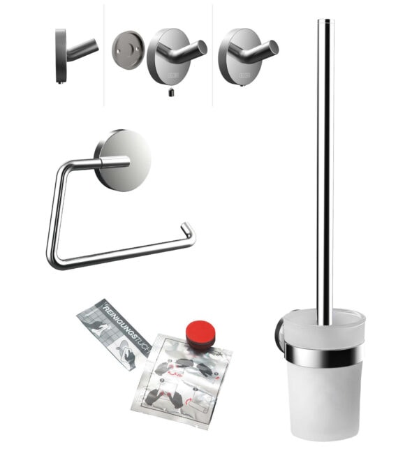 emco round WC-Set chrom, bestehend aus Papierhalter, Bürstengarnitur, Haken und Klebe-Set (emco glue system)