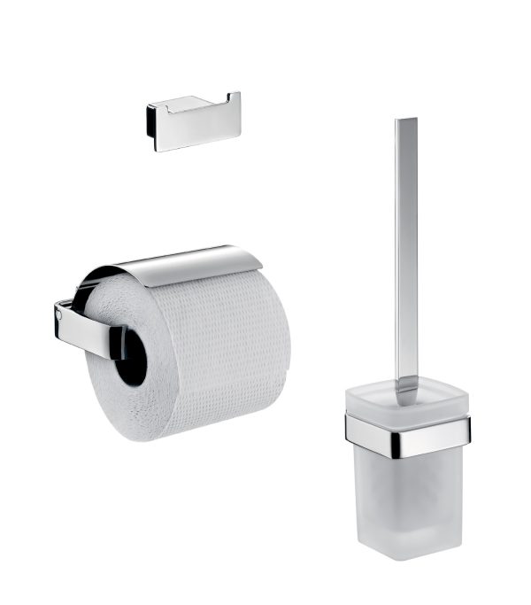 emco loft WC-Set chrom, bestehend aus Papierhalter mit Deckel, Bürstengarnitur und Doppelhaken