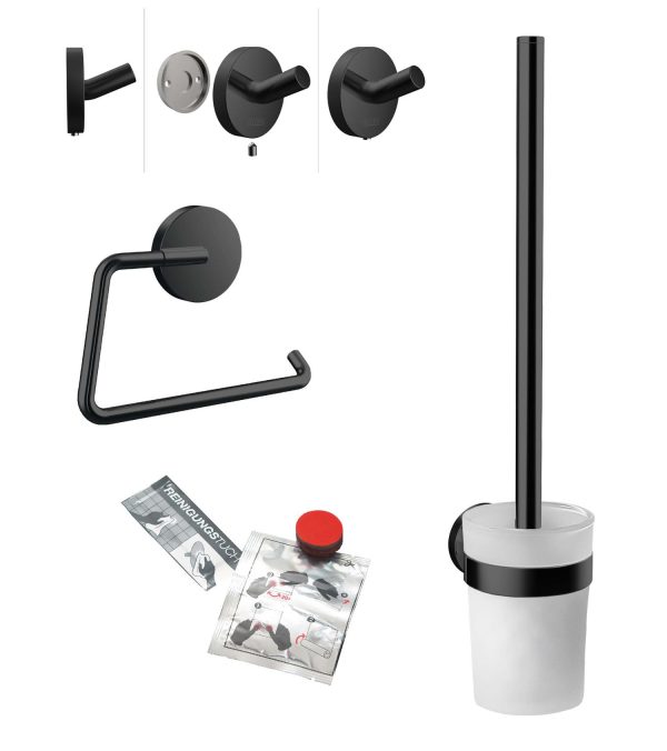 emco round WC-Set schwarz, bestehend aus Papierhalter, Bürstengarnitur, Haken und Klebe-Set (emco glue system)