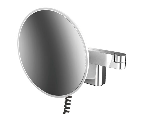 emco evo LED Shaving- and cosmetic mirror with emco light system, round, wall mounted, two swifel arms with helix cable and switch