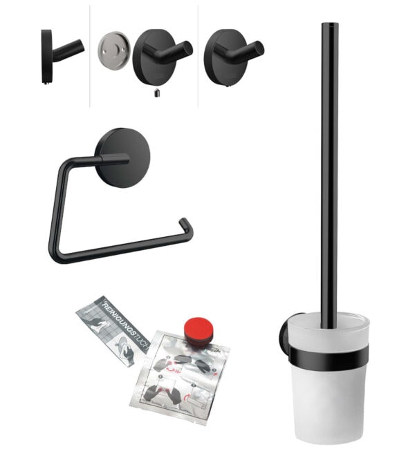 emco round WC set black, consisting of paper holder, toilet brush set, hook and glue-set (emco glue system)