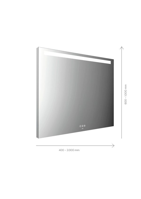 emco LED illuminated mirror MI 210+, with horizontal light cut-out at top and touch control panel