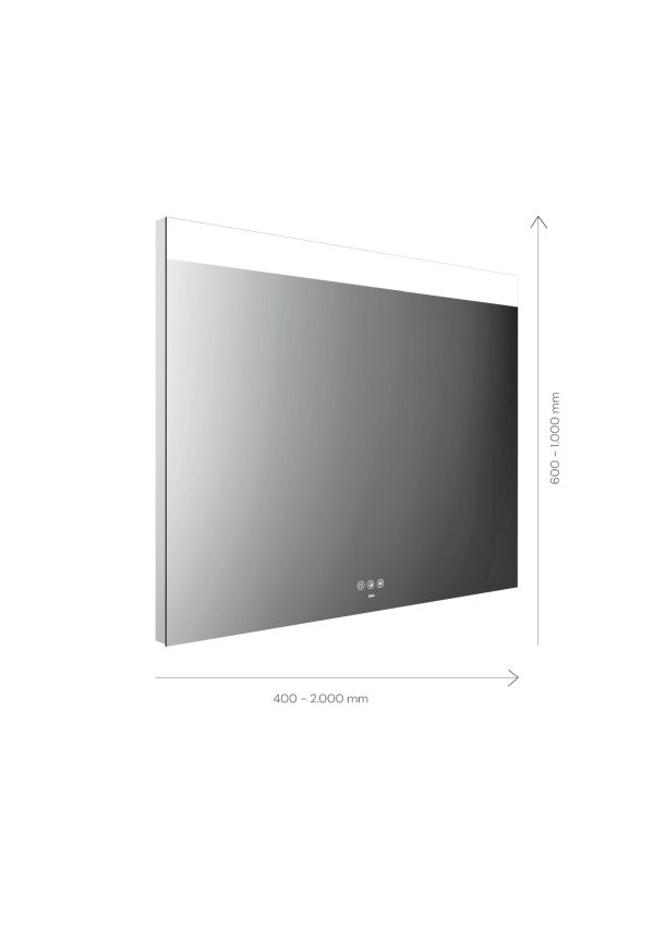 emco LED illuminated mirror MI 250+, with continuous wide light cut-out at top and touch control panel