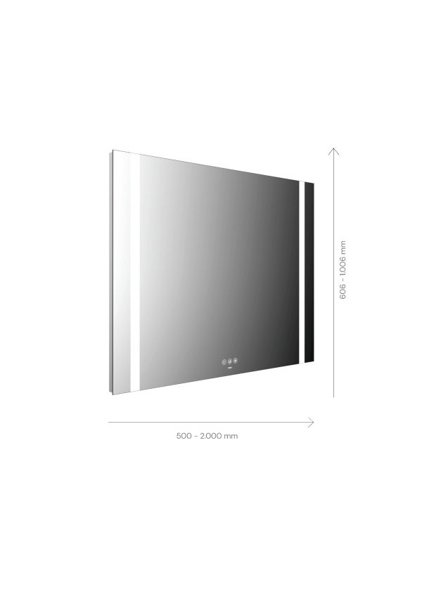 emco LED illuminated mirror MI 500+, with two continuous light cut-outs at left and right, and touch control panel
